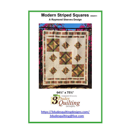 Quilt pattern cover with 'Modern Striped Squares' design by Raywood Sleeves, featuring a quilt with geometric pattern on a white background.