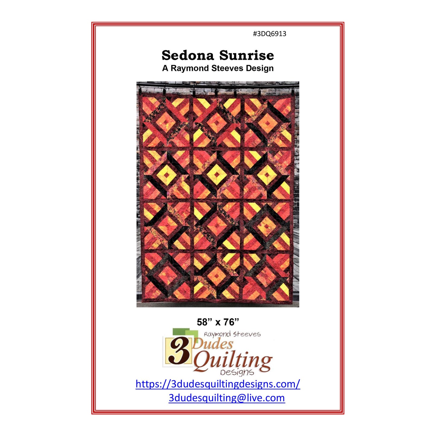 Quilt pattern cover for 'Sedona Sunrise' by 3 Dudes Quilting with geometric diamond pattern.