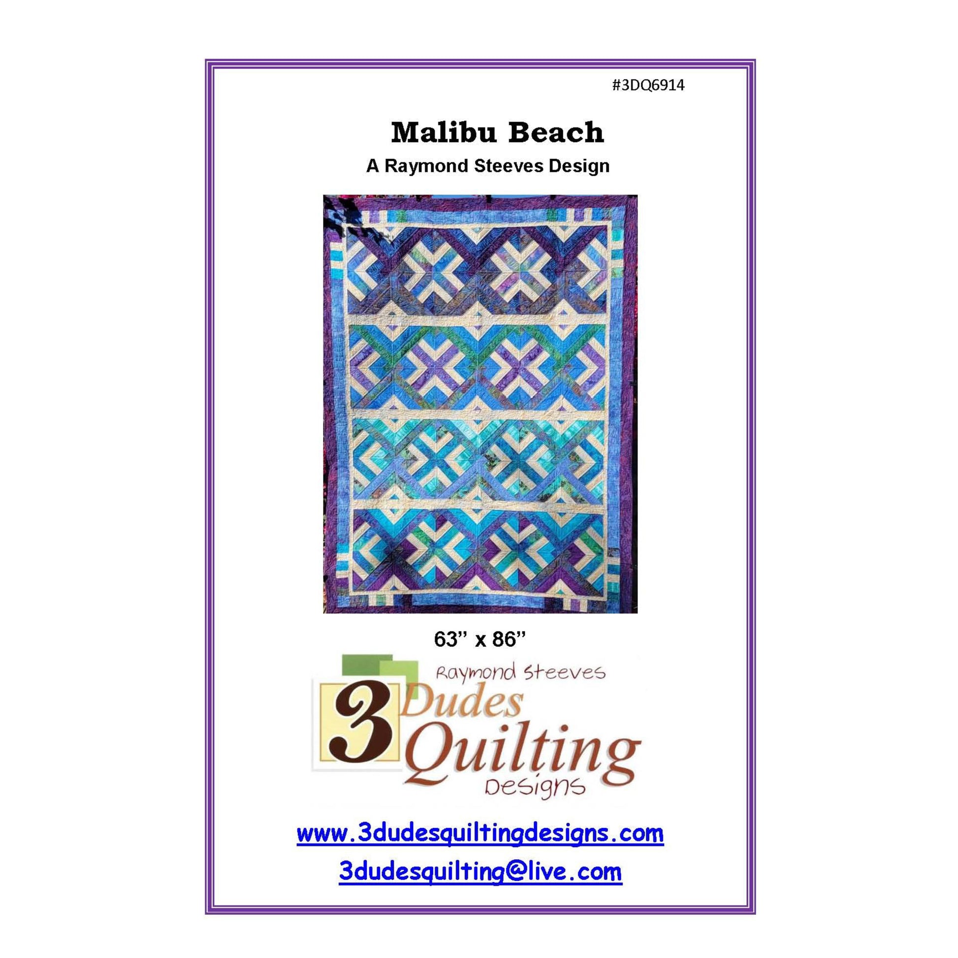 Quilt pattern cover for 'Malibu Beach' by 3 Dudes Quilting Designs with a colorful quilt design and contact information.