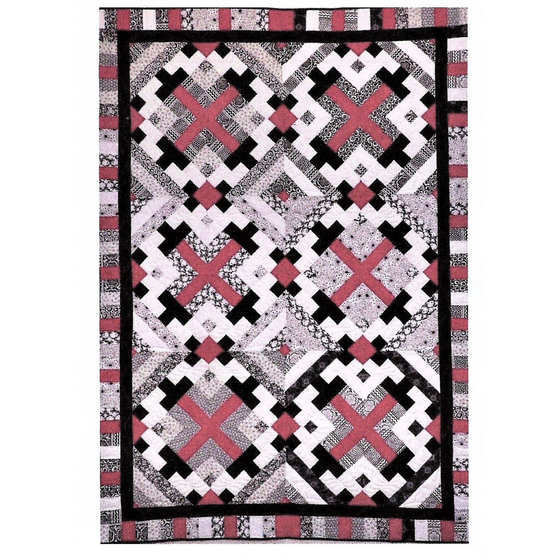 Quilt with geometric pattern featuring red, black, and white on a white background
