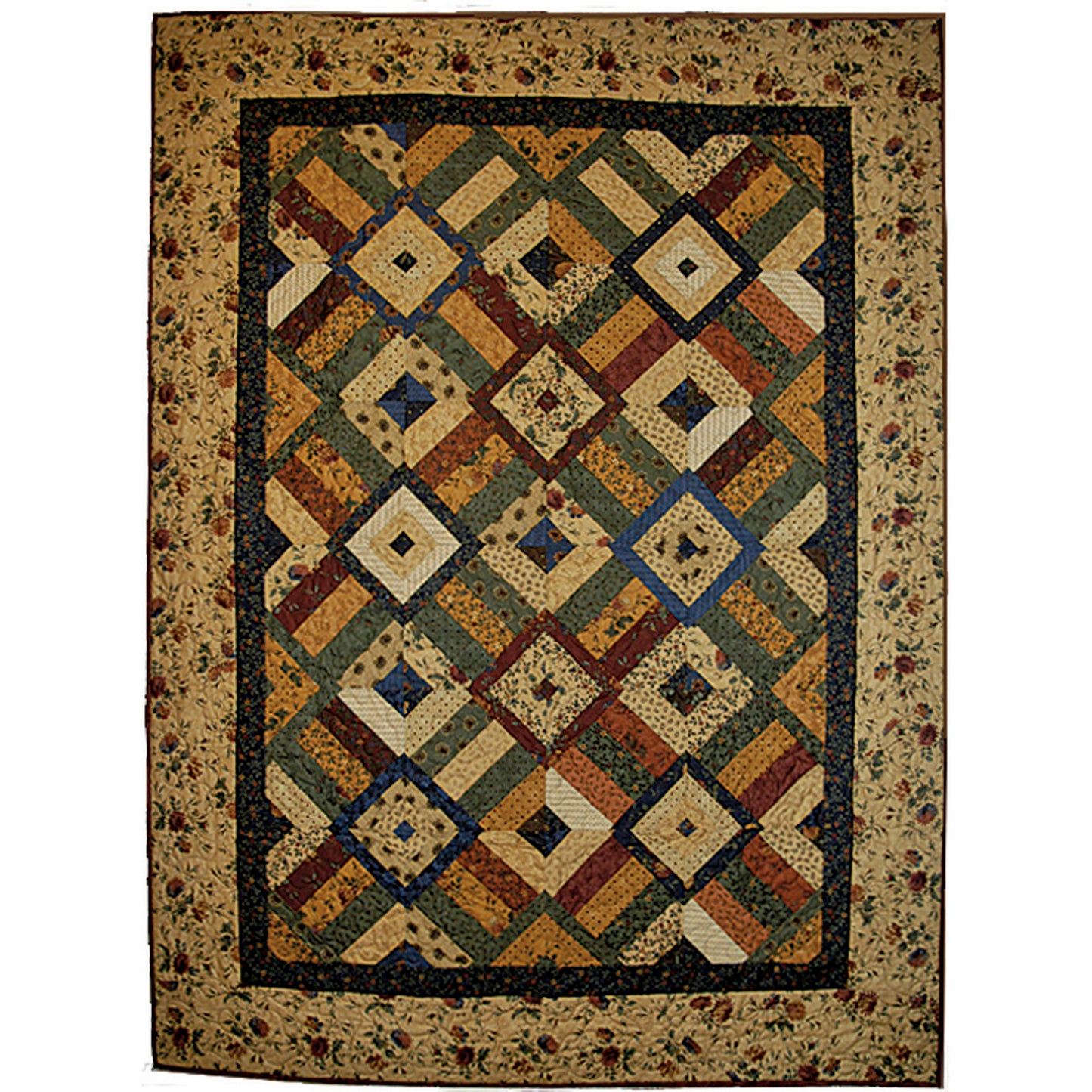 Multicolored geometric patterned quilt with a textured border on a white background