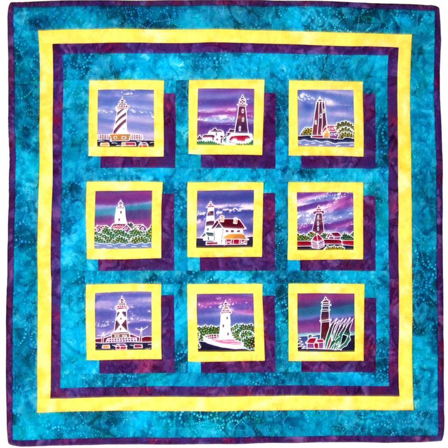 Quilt with nine square panels featuring lighthouse images on a blue background