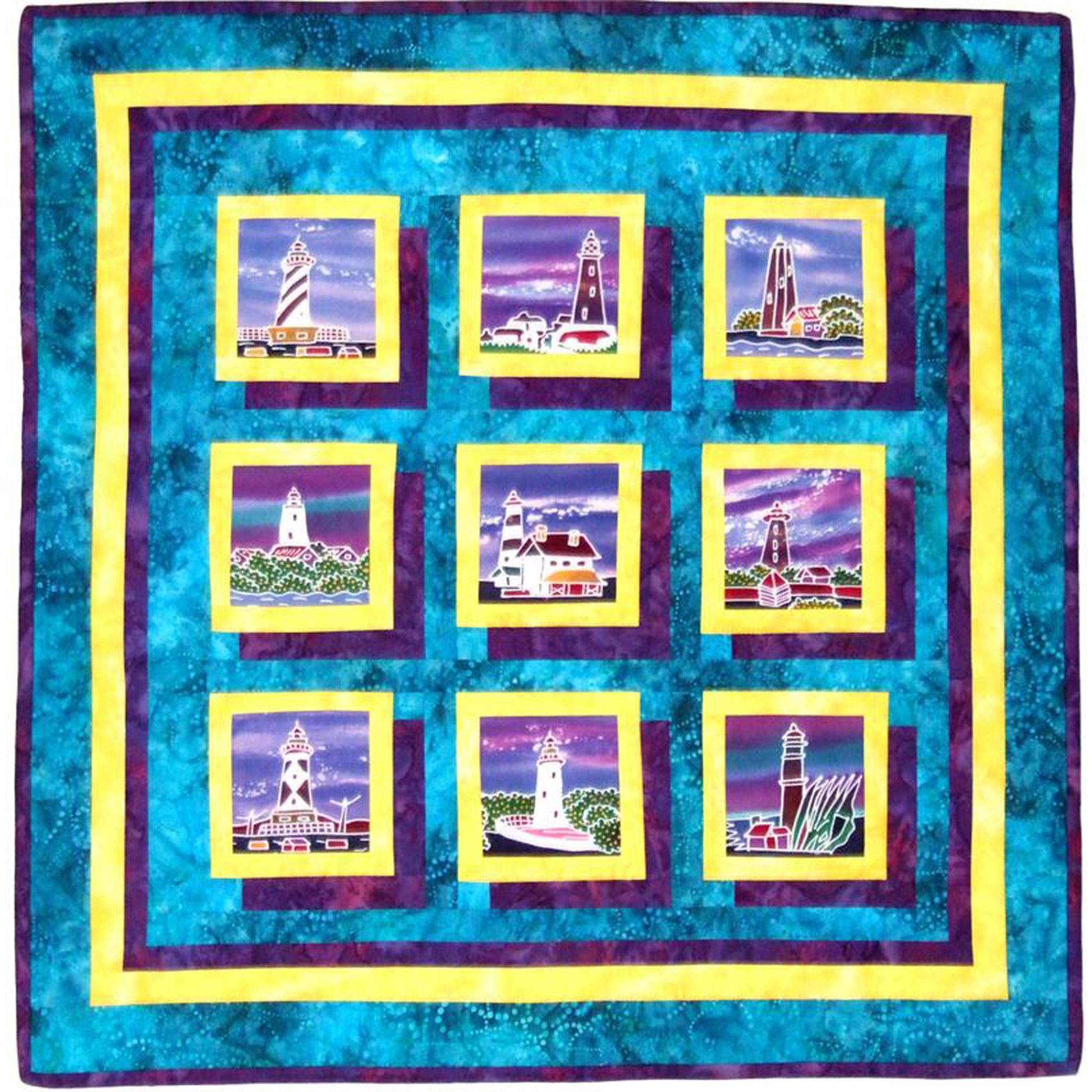 Quilt with nine square panels featuring lighthouse images on a blue background