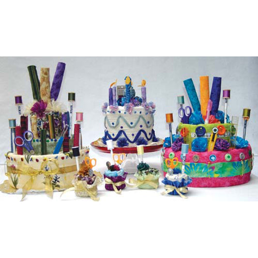 Colorful gift baskets and decorative items on a white background