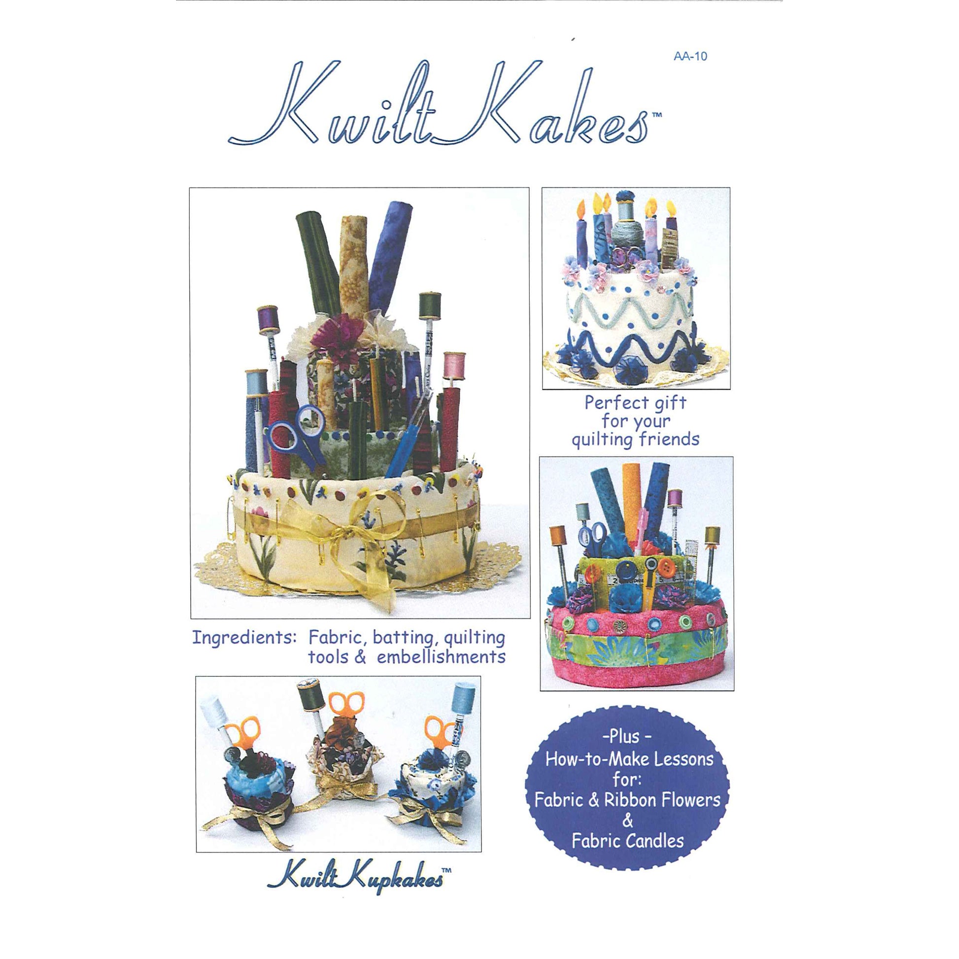 Kwilt Kakes product packaging with images of a cake and text about its ingredients and uses.