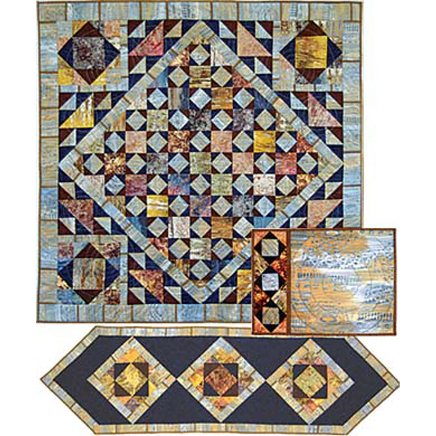 Quilt with geometric pattern on a white background