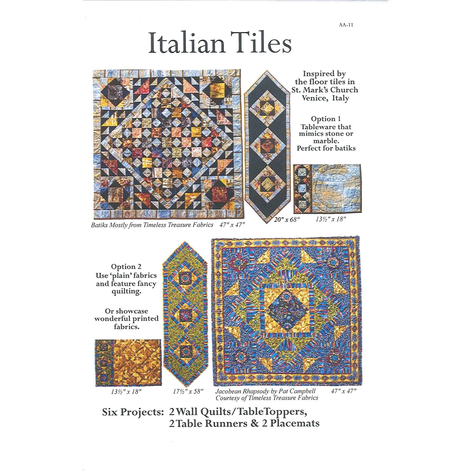 Advertisement for Italian Tile designs with quilt patterns inspired by St. Mark's Church, Venice, Italy.