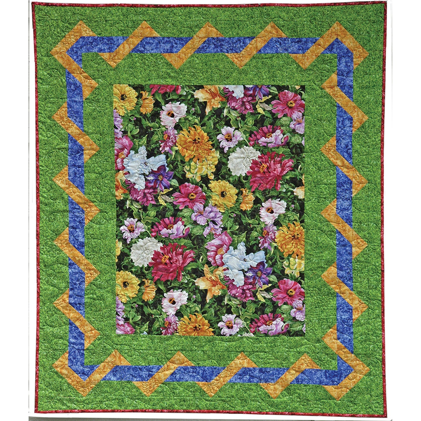 Floral quilt with colorful flowers and a green border on a white background
