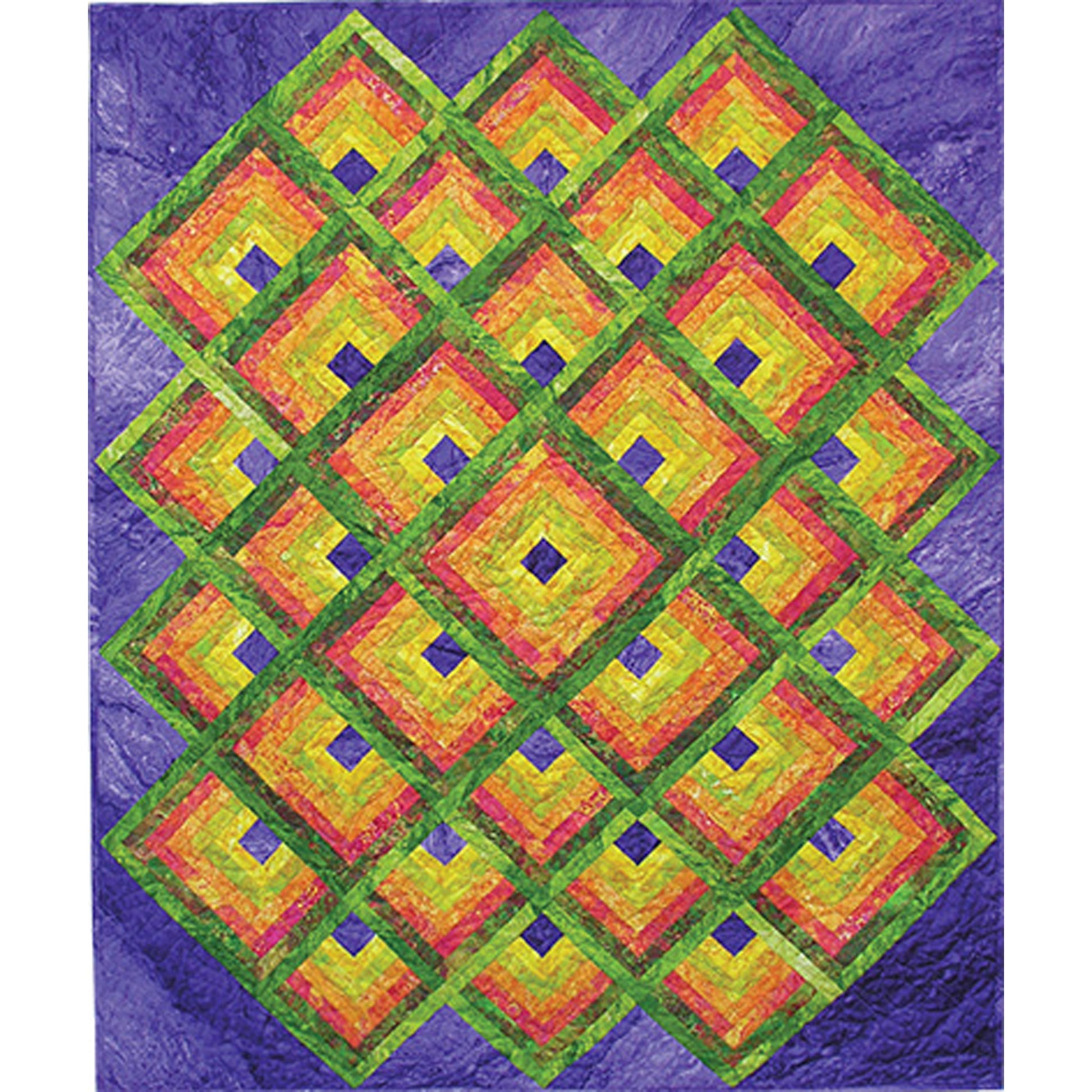 Colorful geometric patterned quilt on a purple background