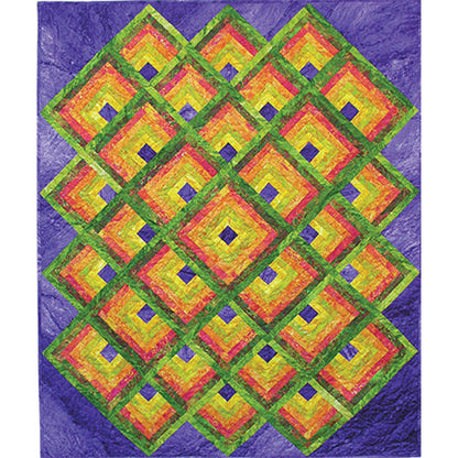 Colorful geometric patterned quilt on a purple background