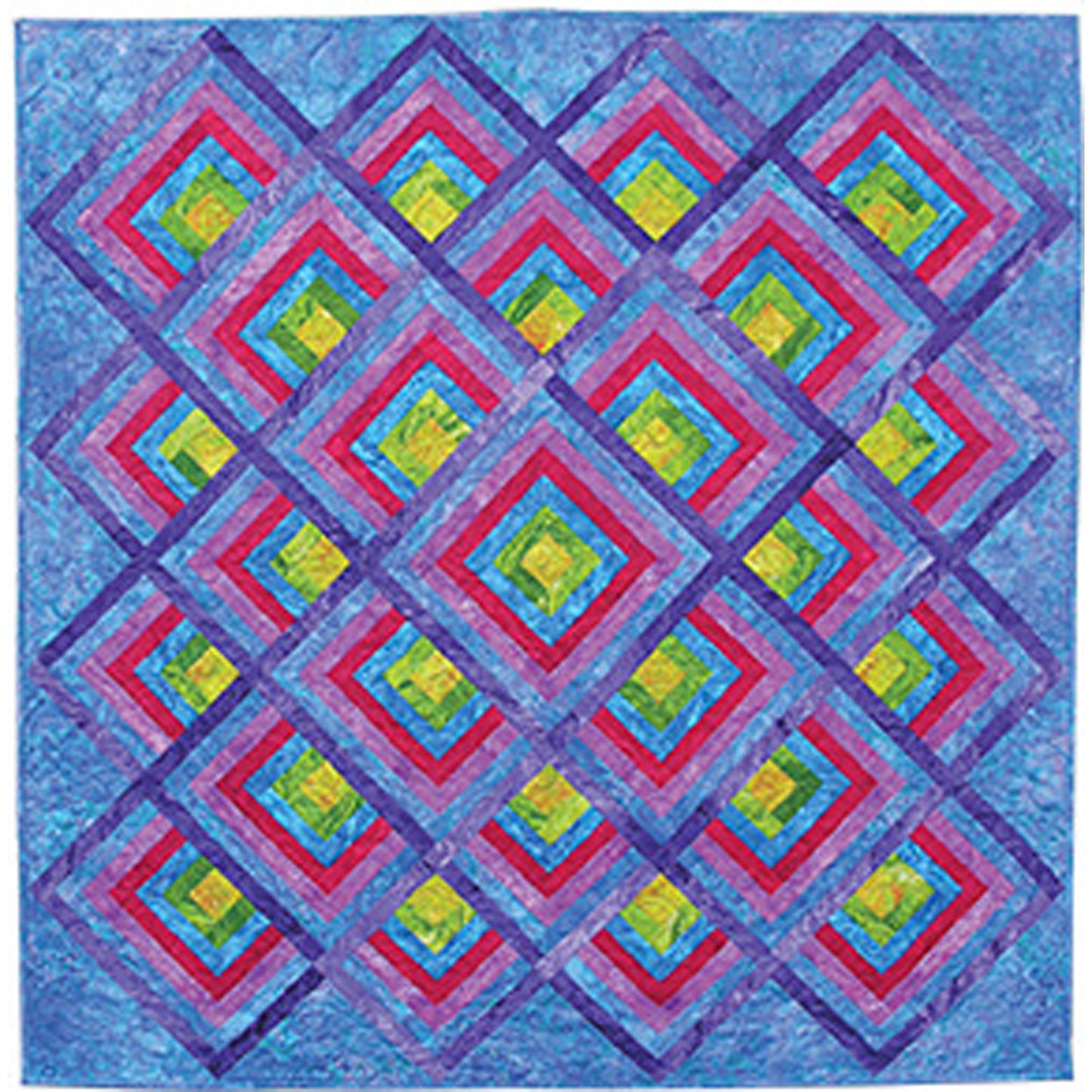 Colorful quilt with geometric pattern on a blue background