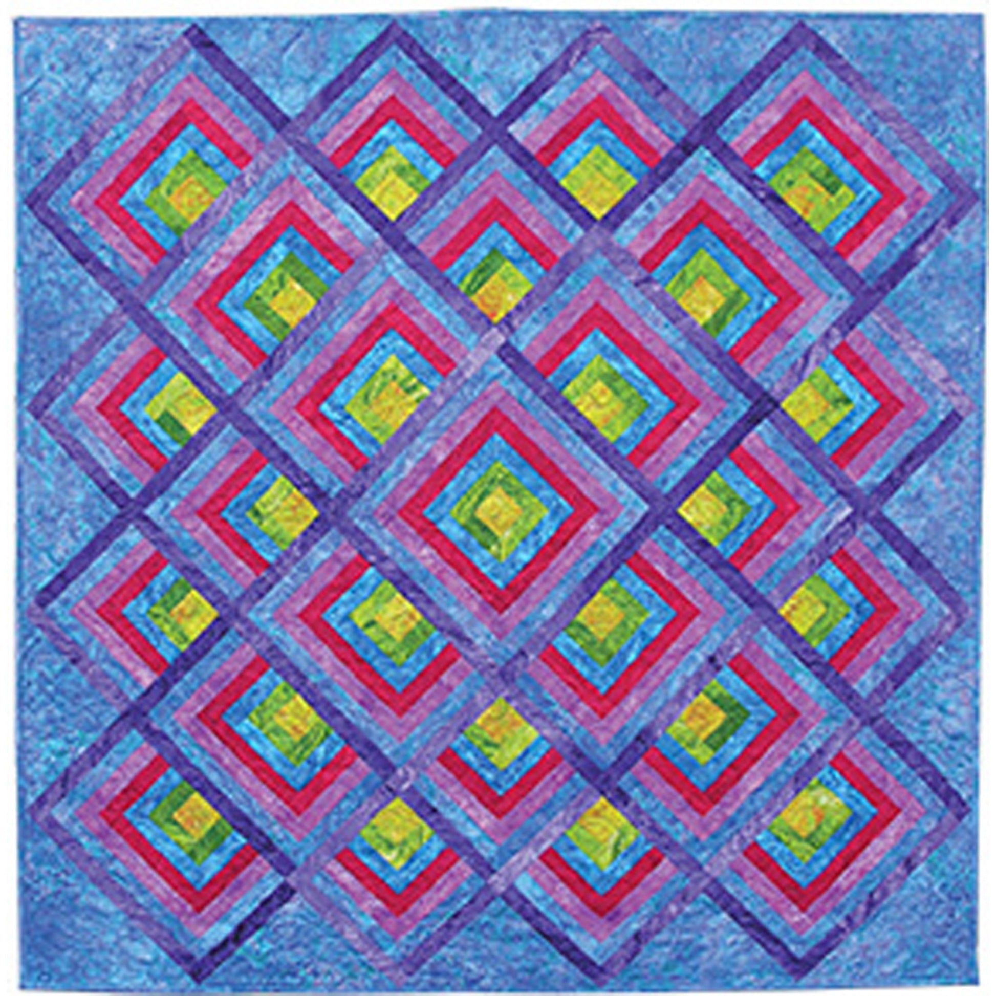 Colorful quilt with geometric pattern on a blue background