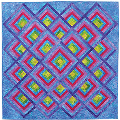 Colorful quilt with geometric pattern on a blue background