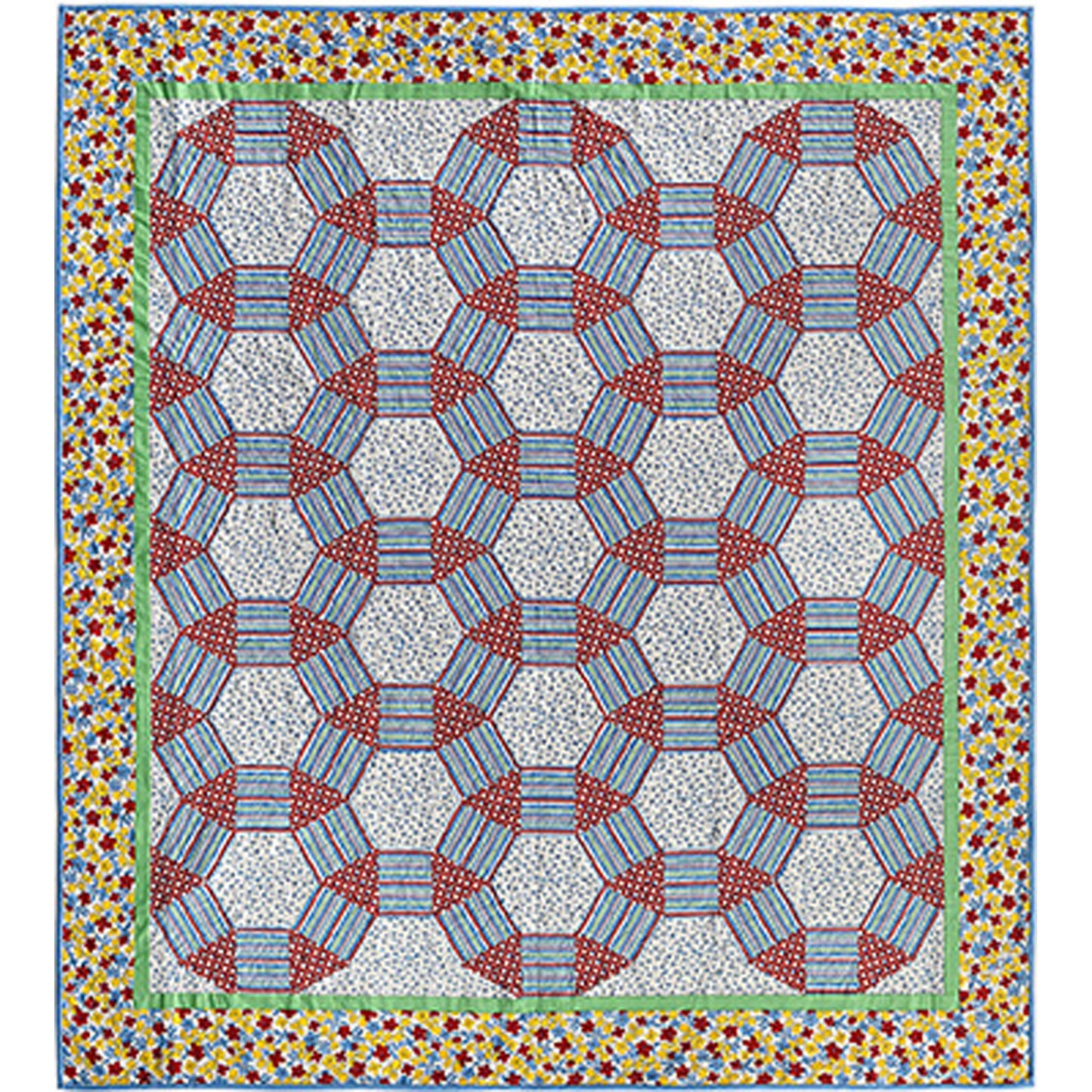 Quilt with geometric pattern on a colorful border