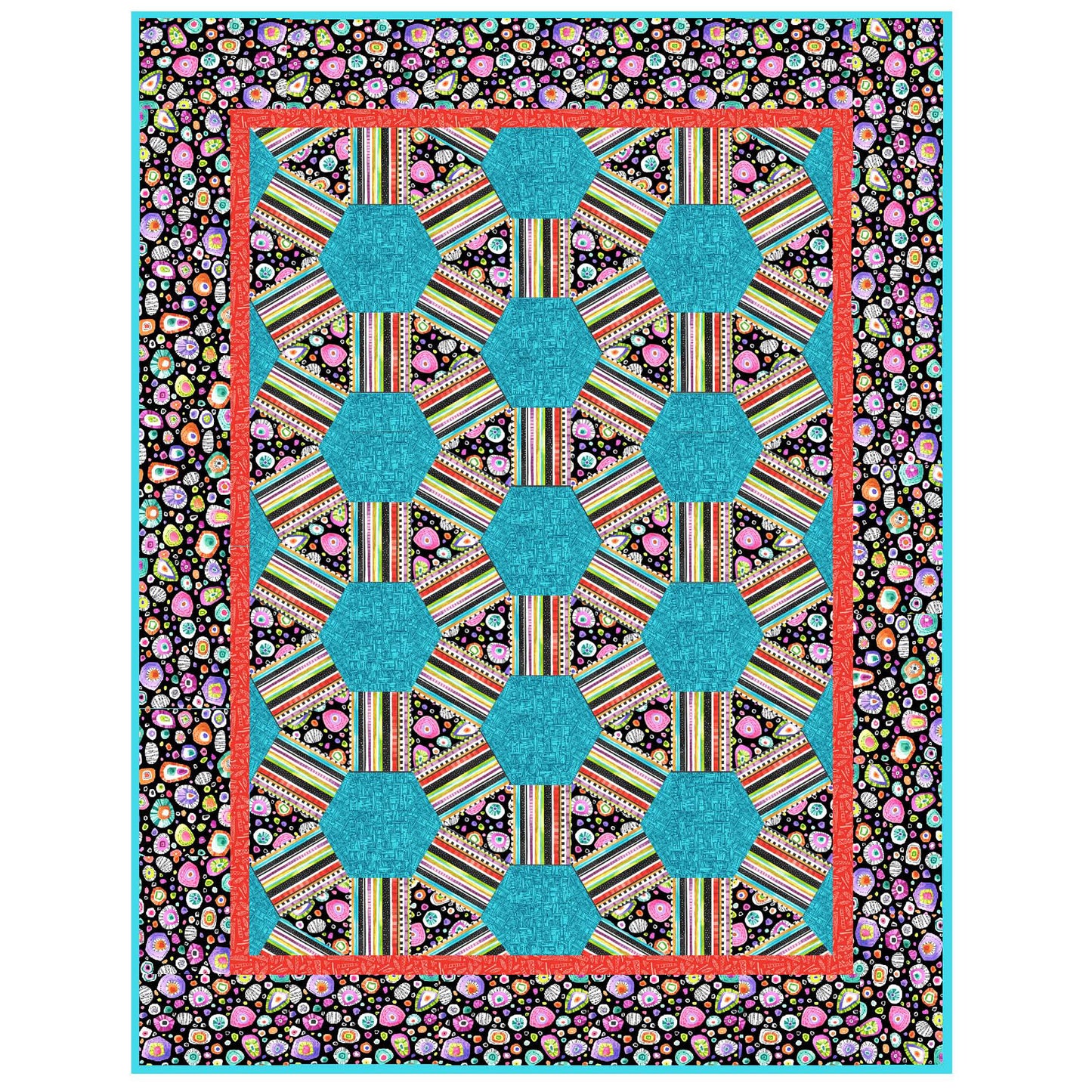 Colorful quilt with geometric pattern on a black background