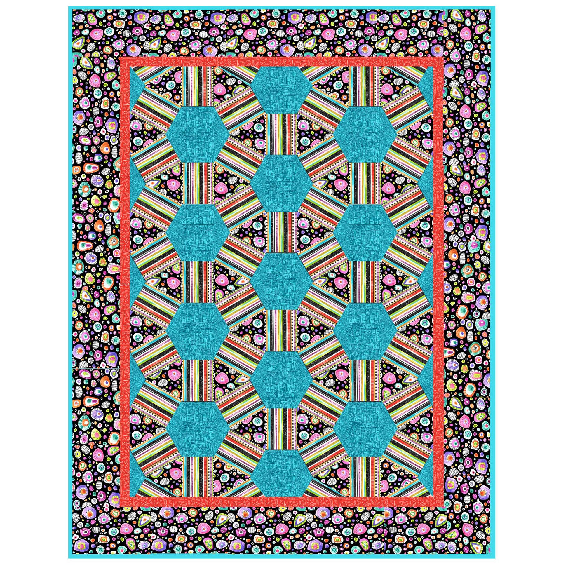 Colorful quilt with geometric pattern on a black background