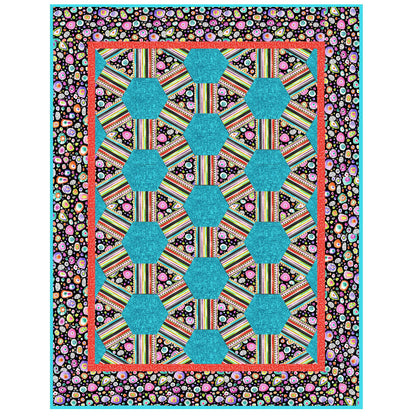 Colorful quilt with geometric pattern on a black background