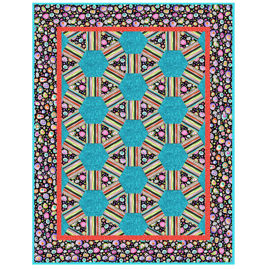 Colorful quilt with geometric pattern on a black background