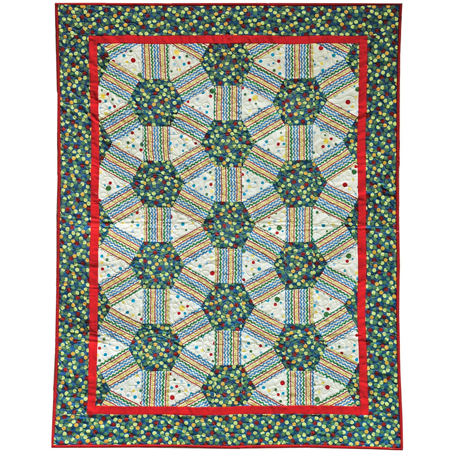 Colorful quilt with geometric pattern on a white background