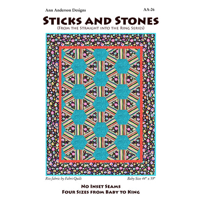 Quilt pattern cover titled 'Sticks and Stones' by Ann Anderson Designs on a white background.