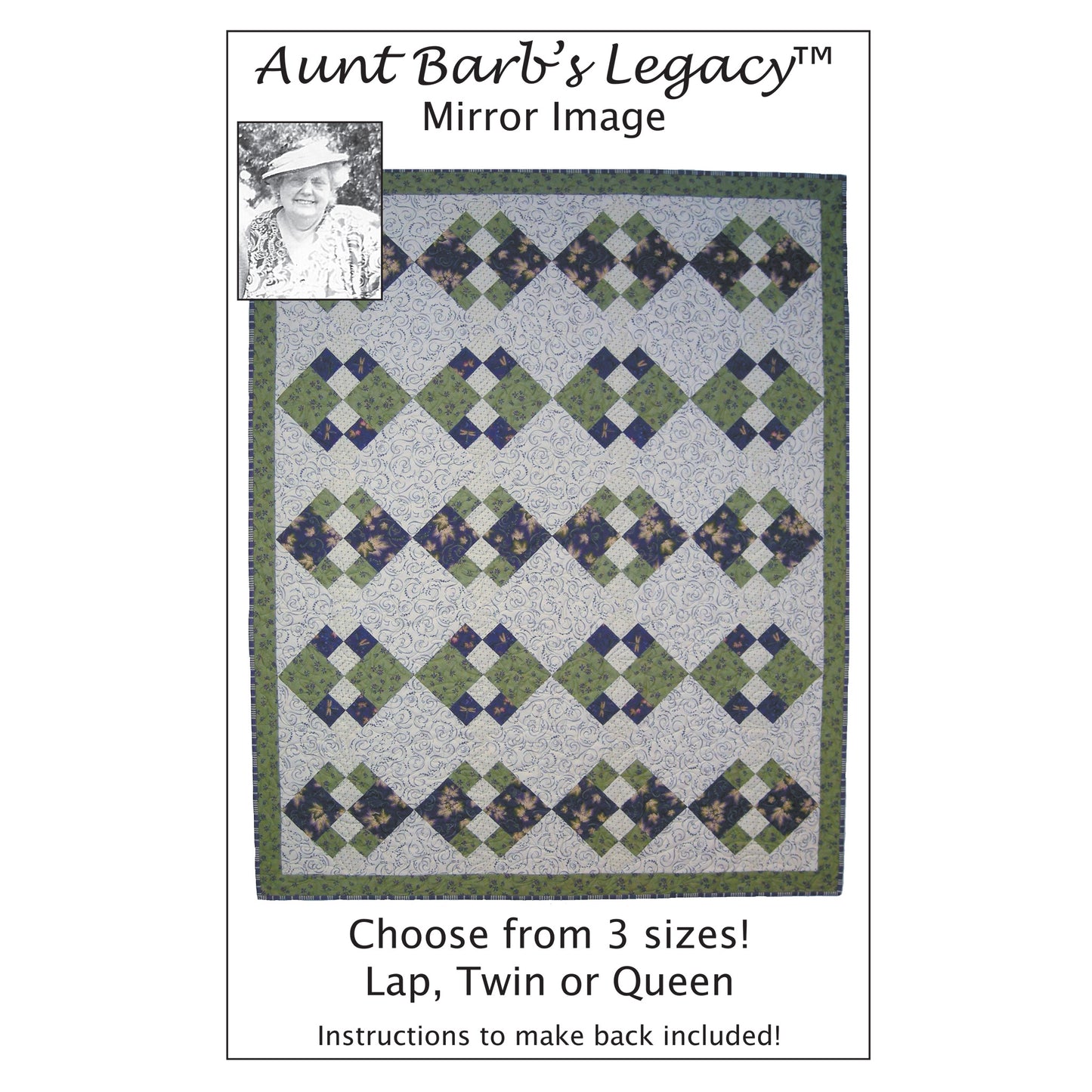 Image of the cover for the Mirror Image quilt pattern by Aunt Barb's Legacy.