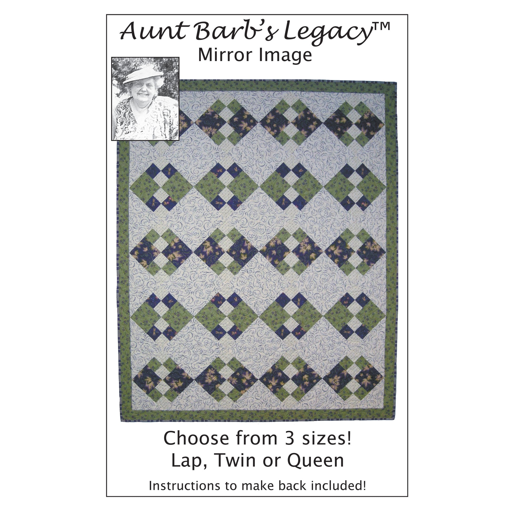 Image of the cover for the Mirror Image quilt pattern by Aunt Barb's Legacy.
