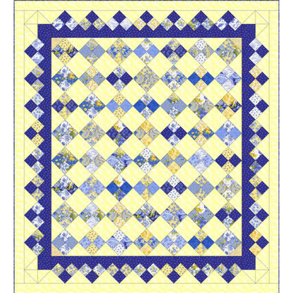 Quilt with blue and yellow diamond pattern on a white background