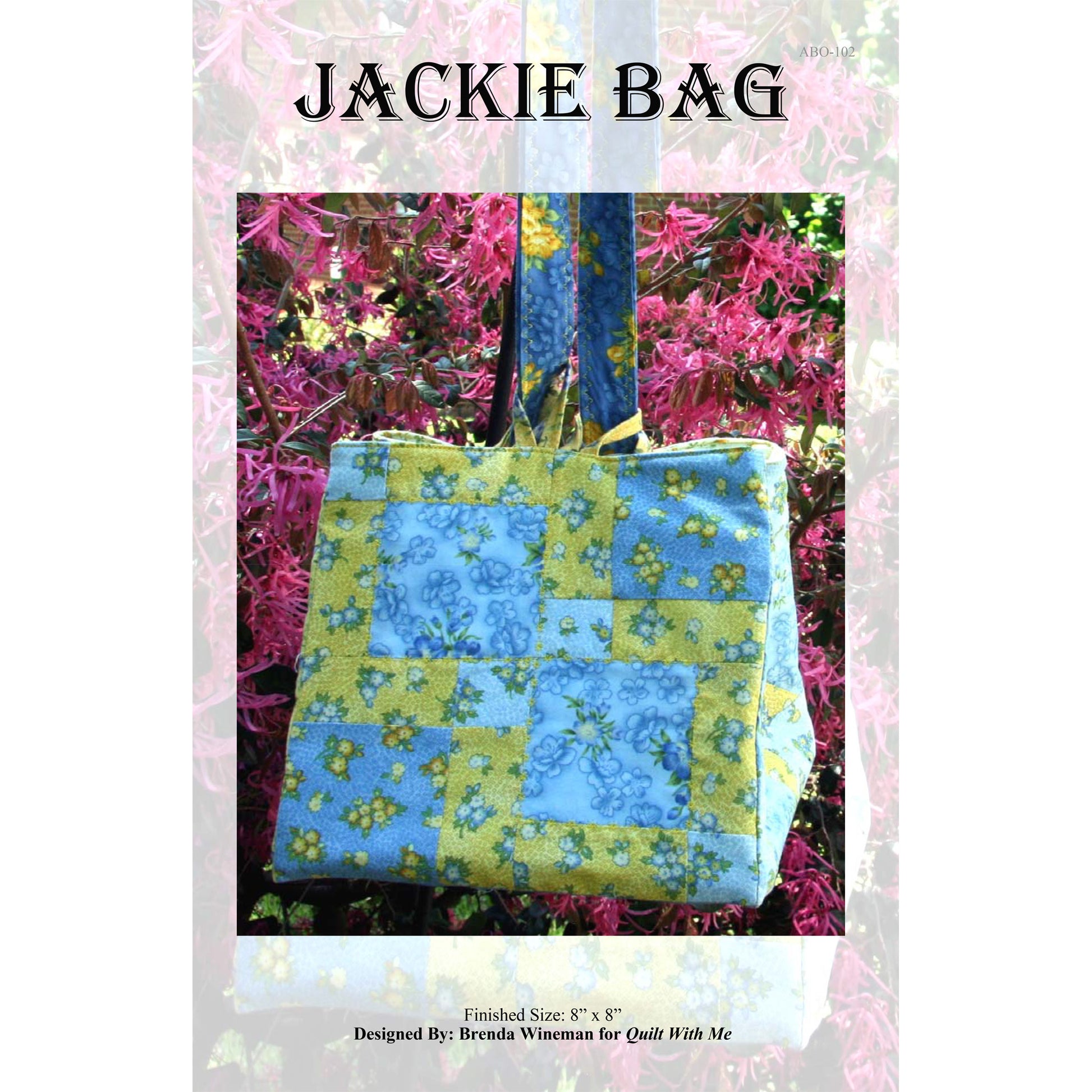 Quilted bag with floral pattern against a floral background, labeled 'Jackie Bag'.