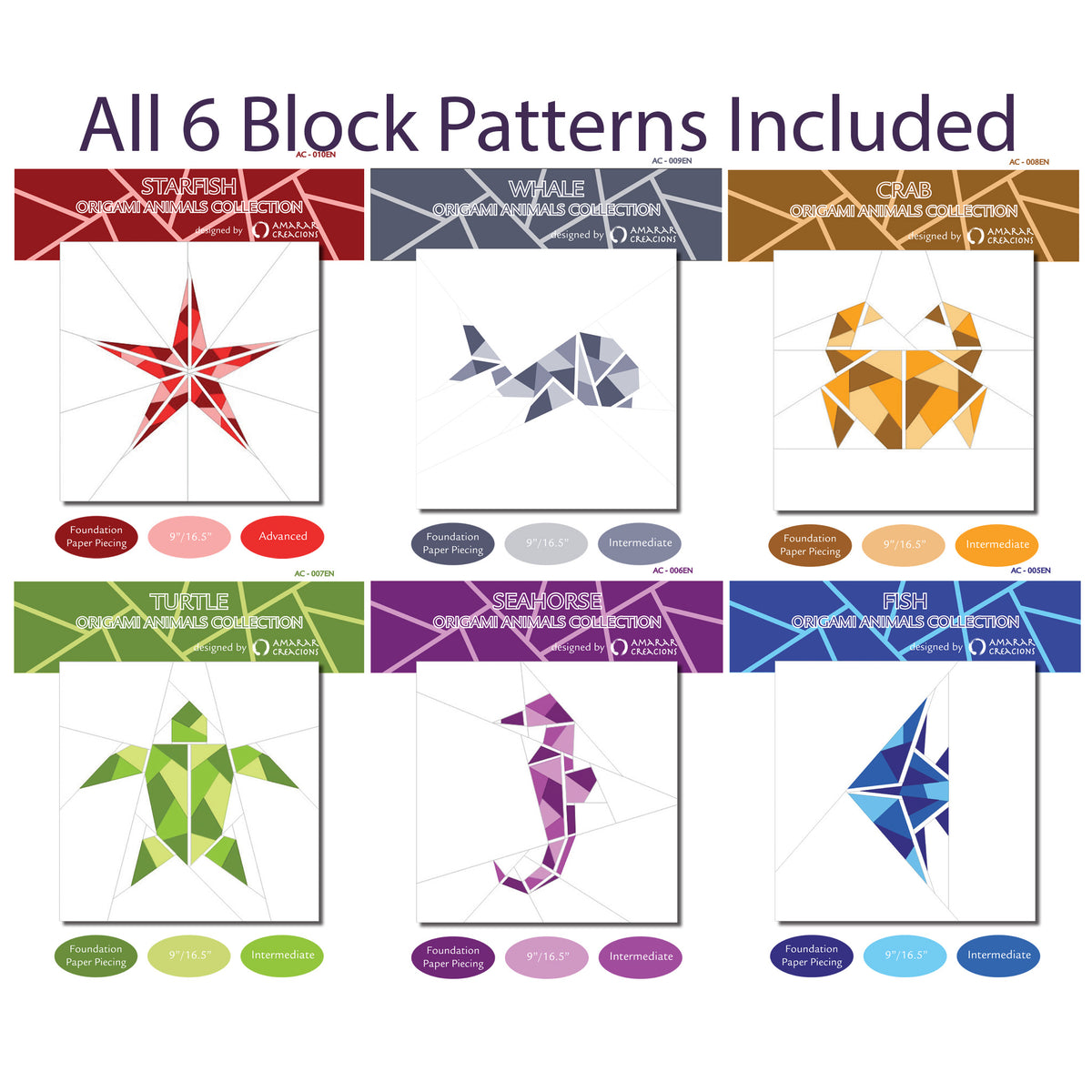 Marine Series- Origami Animals Collection 6 Block AC-G01ENe - Downloadable Pattern