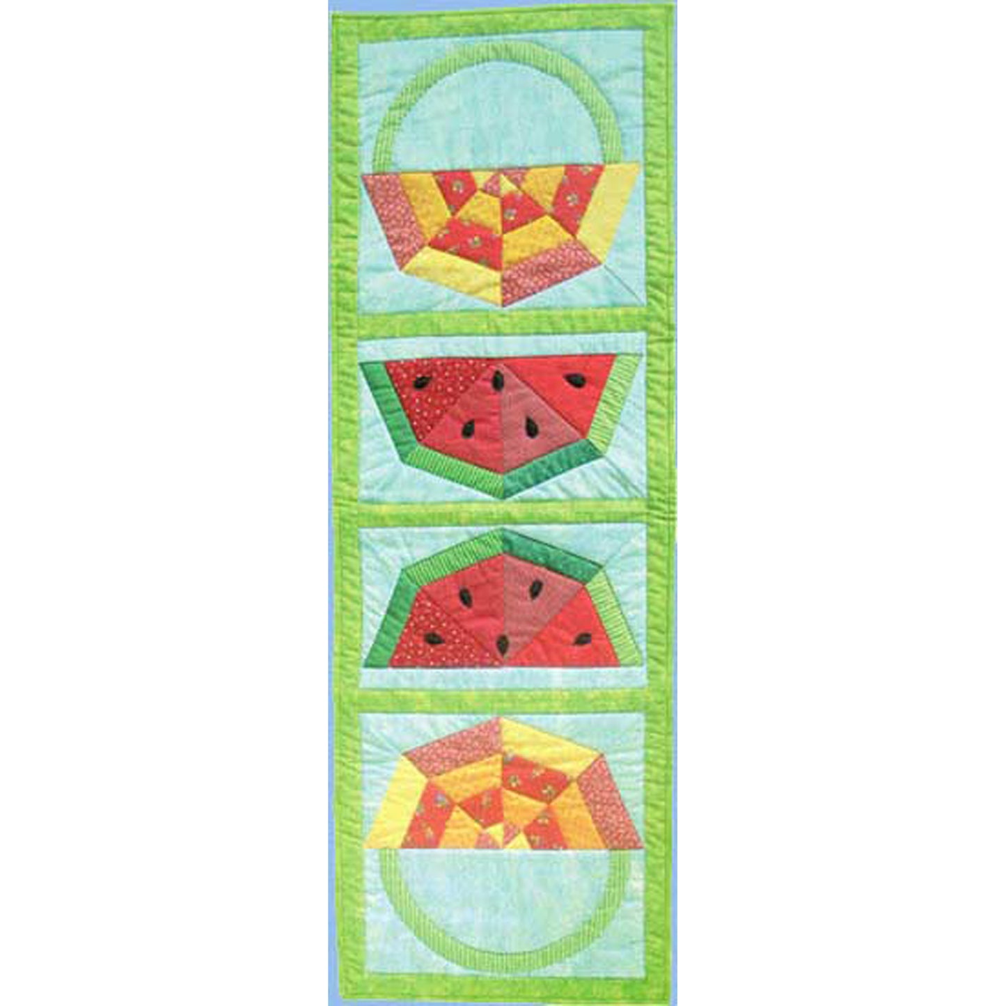 Adorable table runner features watermelons in the middle facing both sides and a patchwork basket with handle.  Perfect picnic table runner.