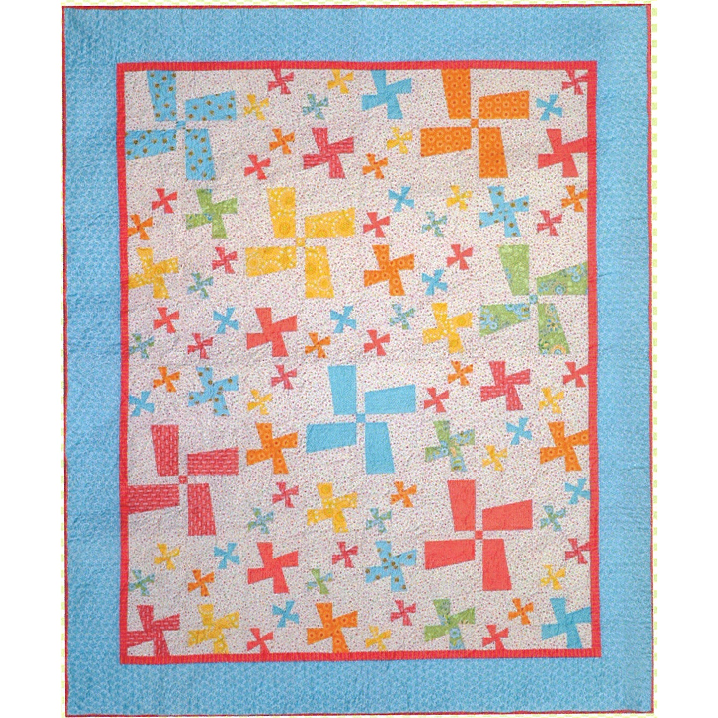 Beautiful, whirling windmills spin across this quilt in different sizes and lots of bright colors.