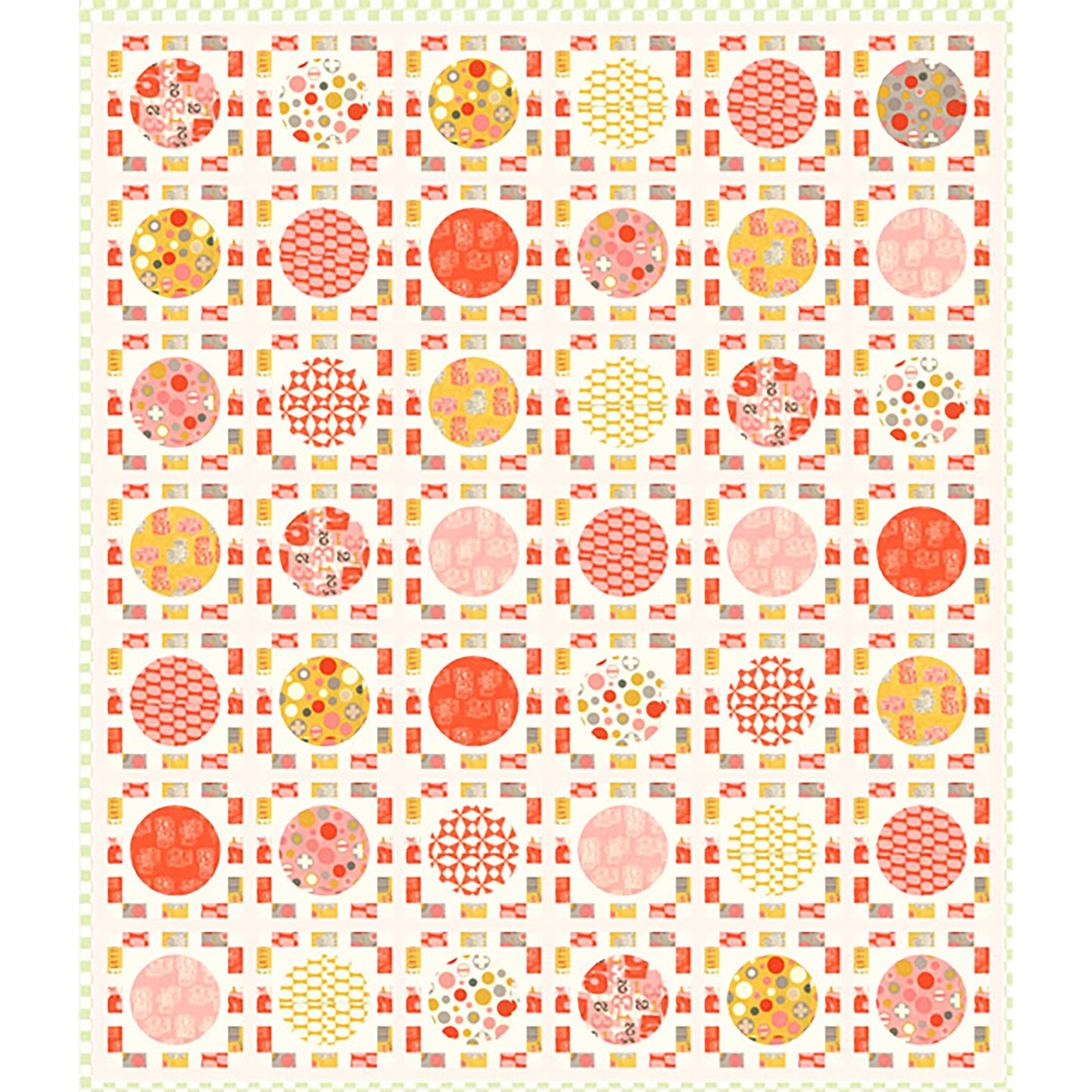 Fun quilt features blocks of colorful circles, like pizza, surrounded by thin colorful fabric, like tickets.  Fun movie watching quilt.