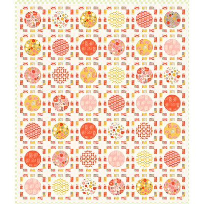 Fun quilt features blocks of colorful circles, like pizza, surrounded by thin colorful fabric, like tickets.  Fun movie watching quilt.