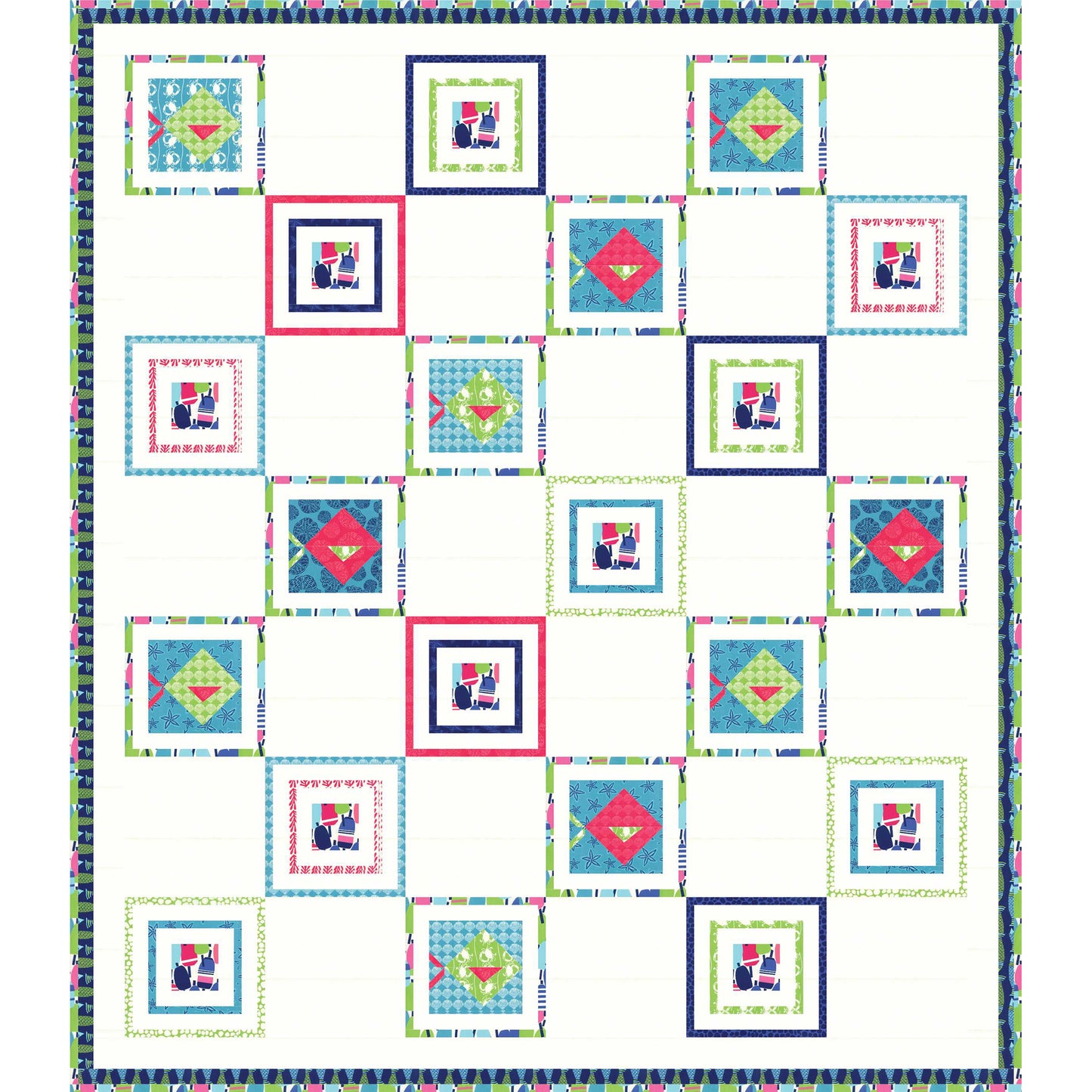 Fish with 3-D fins swim in framed boxes in this nautical themed quilt. 