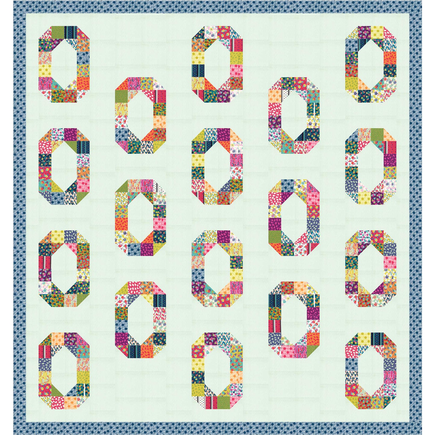 Fun circles of colorful fabric on this quilt.