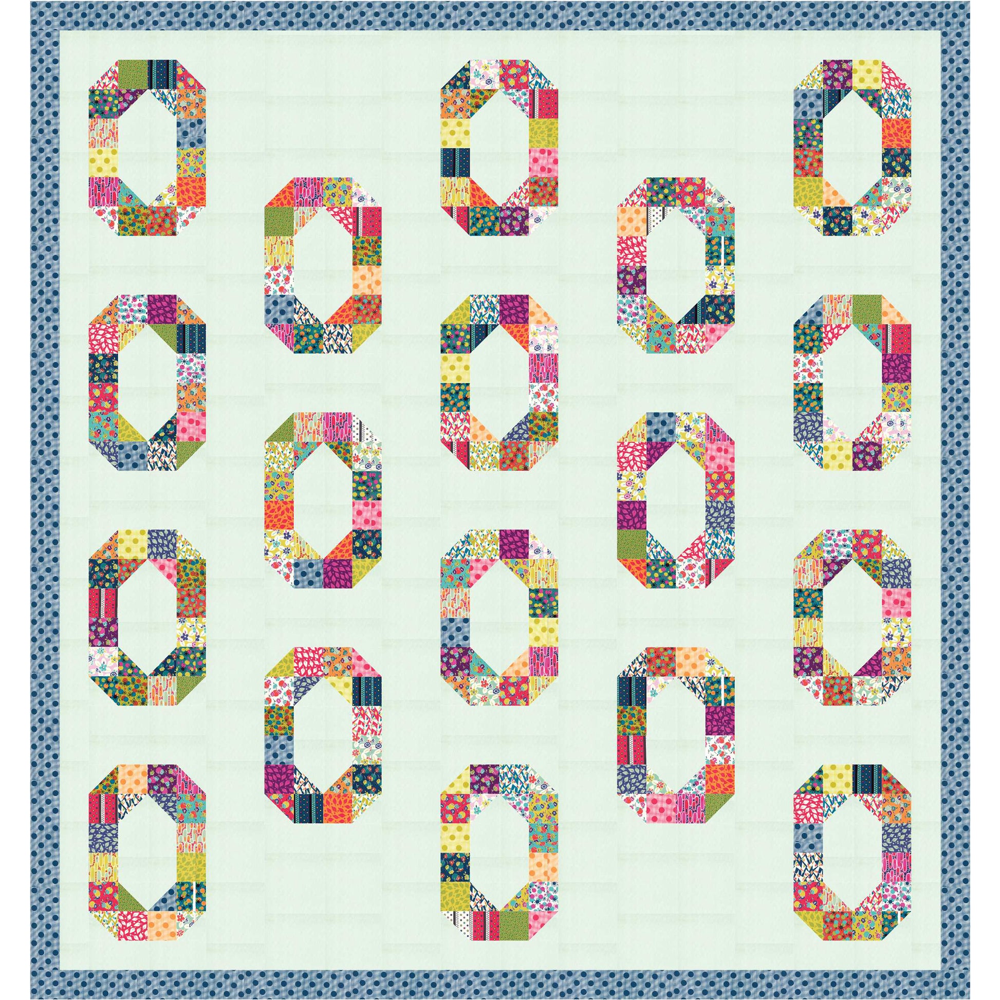 Fun circles of colorful fabric on this quilt.