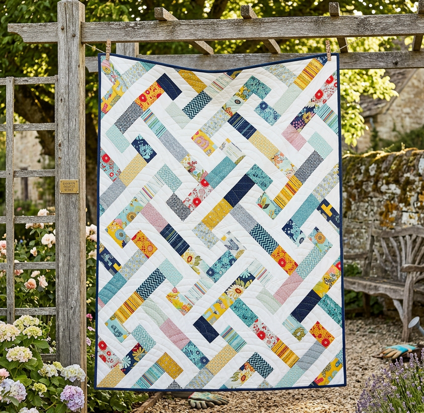 Colorful quilt with geometric pattern displayed outdoors in a garden setting
