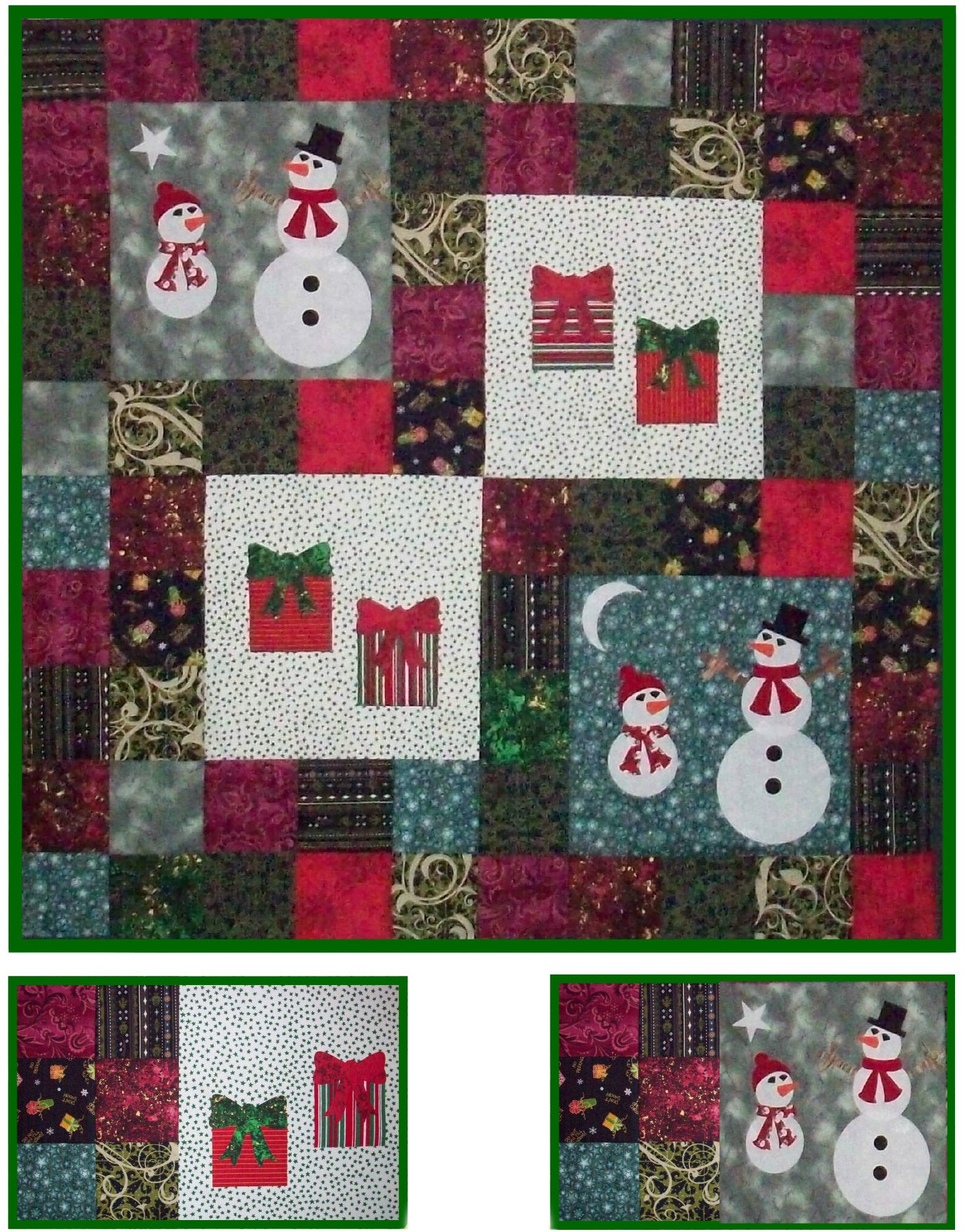 Adorable table topper pictured on top with two different matching placemats. The table topper includes four blocks with snowmen in two and presents in the other two.  The placemats include gifts in one and snowmen in the other.  The rest is scrappy with holiday fabric.