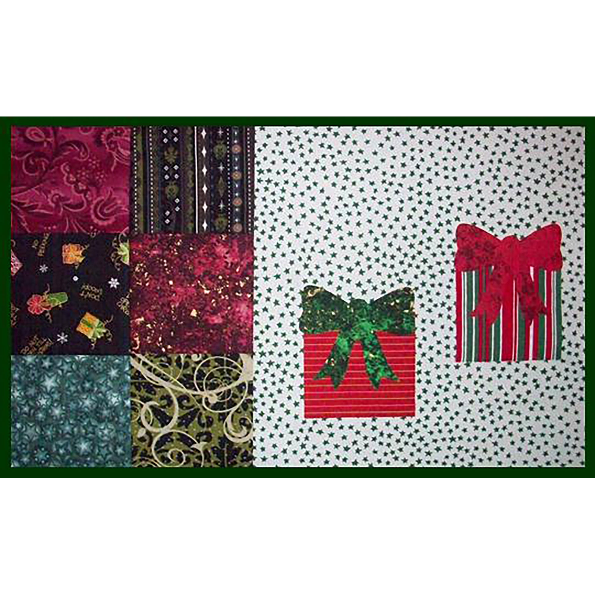 Adorable placemat with presents and  scrappy holiday fabric in a two by three block.