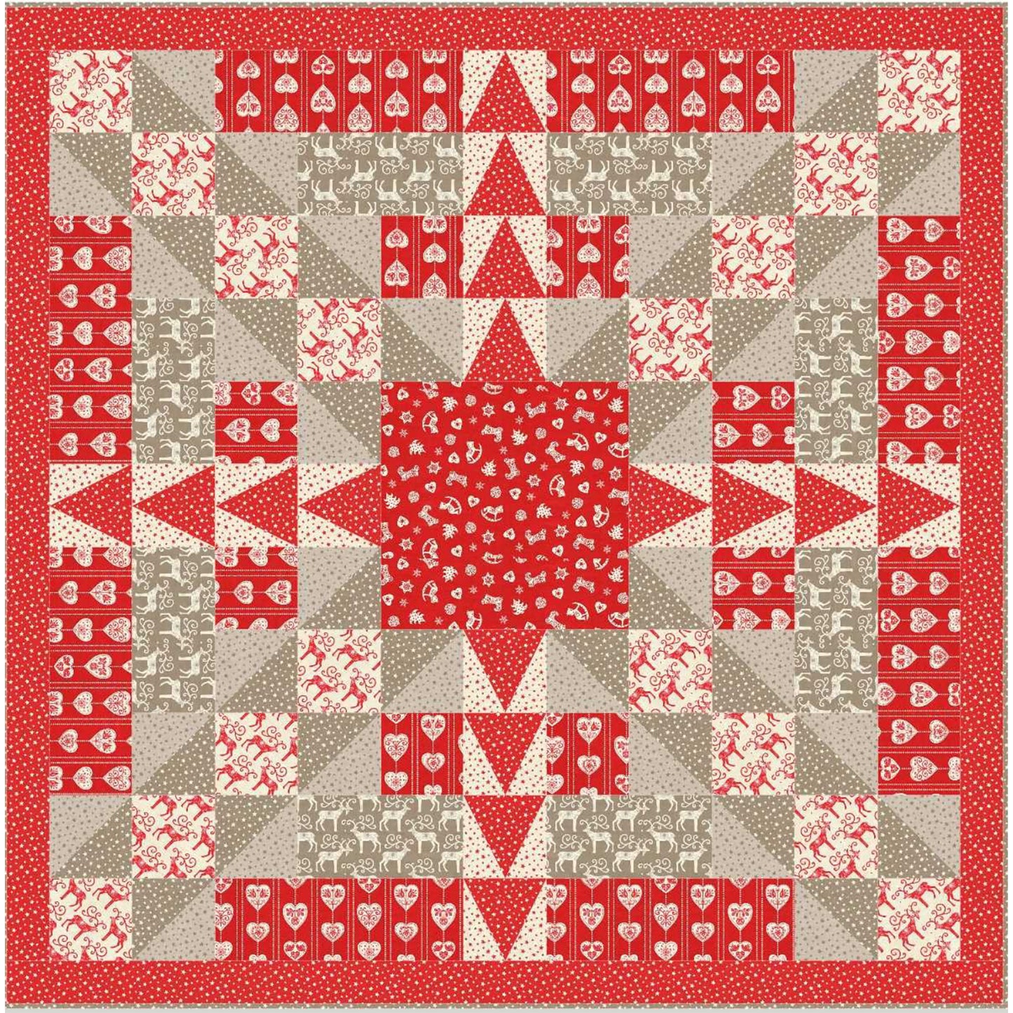 Beautiful star or snowflake quilt using Christmas fabrics mostly in red with some tan.