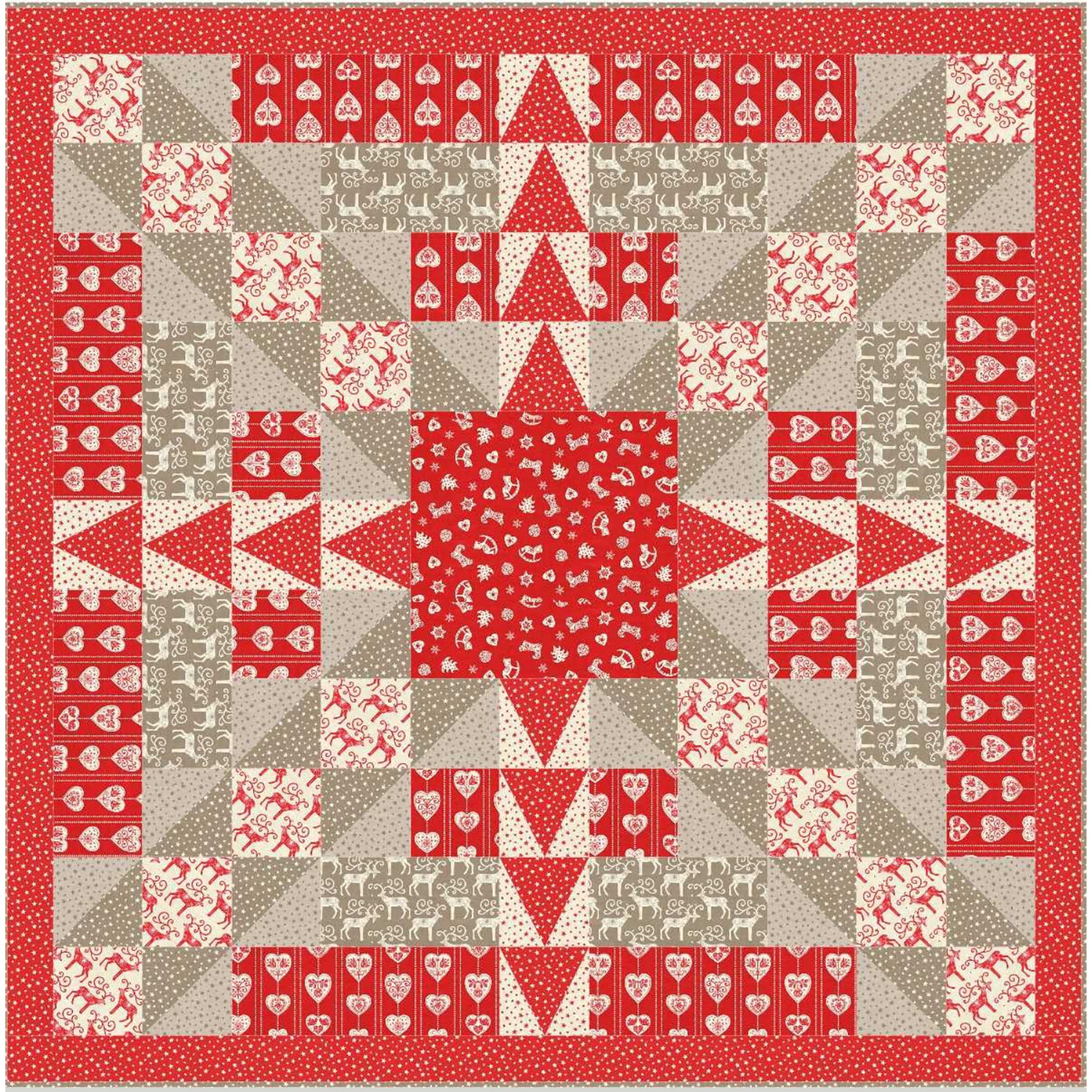 Beautiful star or snowflake quilt using Christmas fabrics mostly in red with some tan.