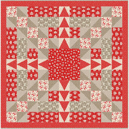 Beautiful star or snowflake quilt using Christmas fabrics mostly in red with some tan.
