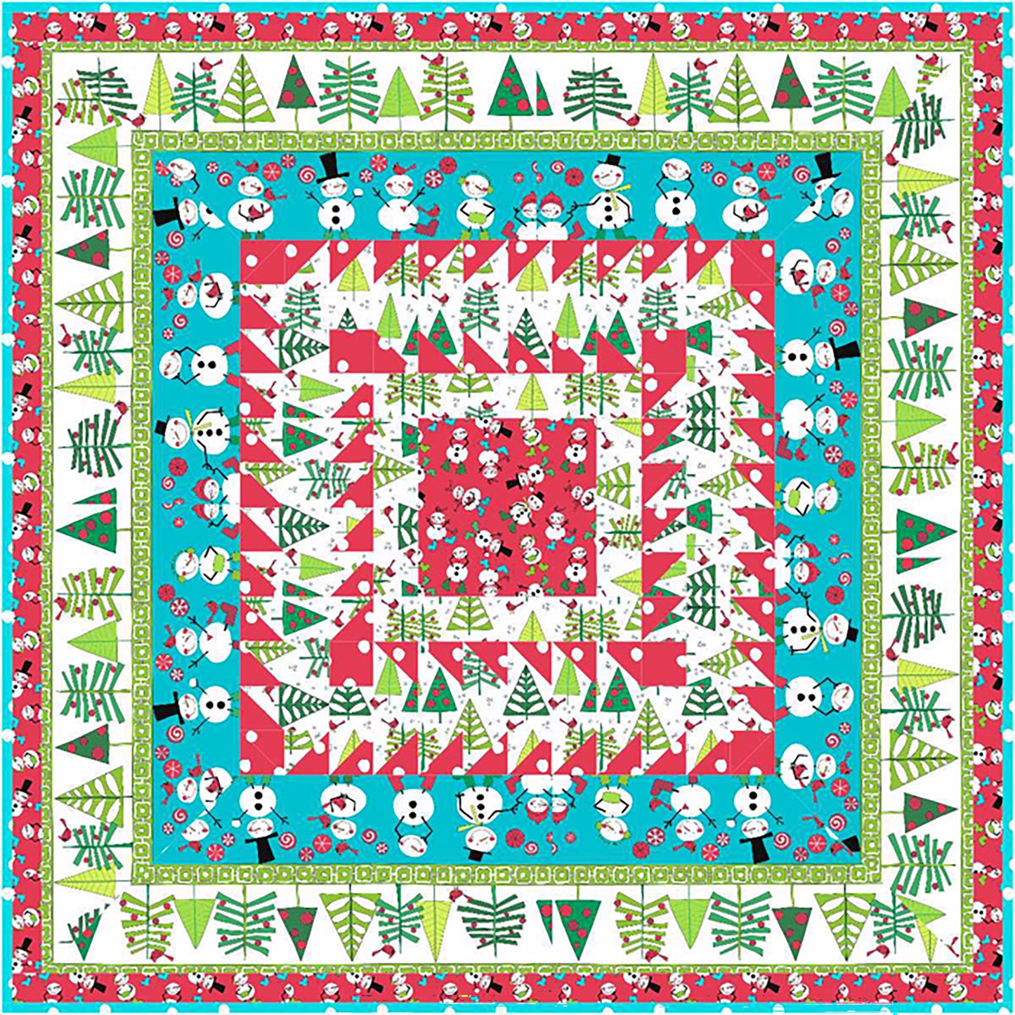Quilt features snow men and trees fabric in a simple block and bordered design.
