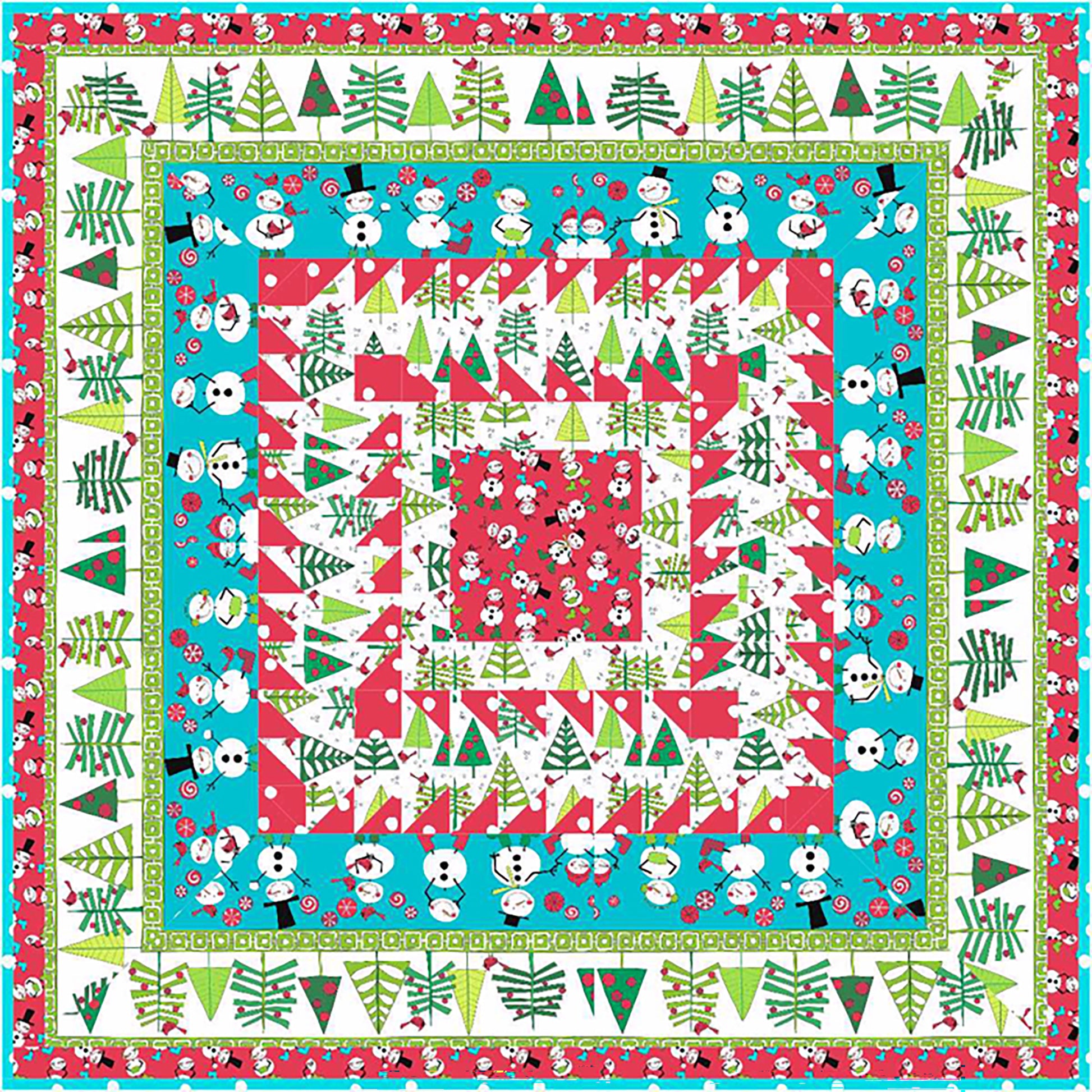 Quilt features snow men and trees fabric in a simple block and bordered design.