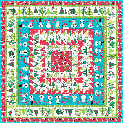 Quilt features snow men and trees fabric in a simple block and bordered design.