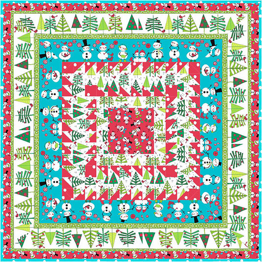 Quilt features snow men and trees fabric in a simple block and bordered design.