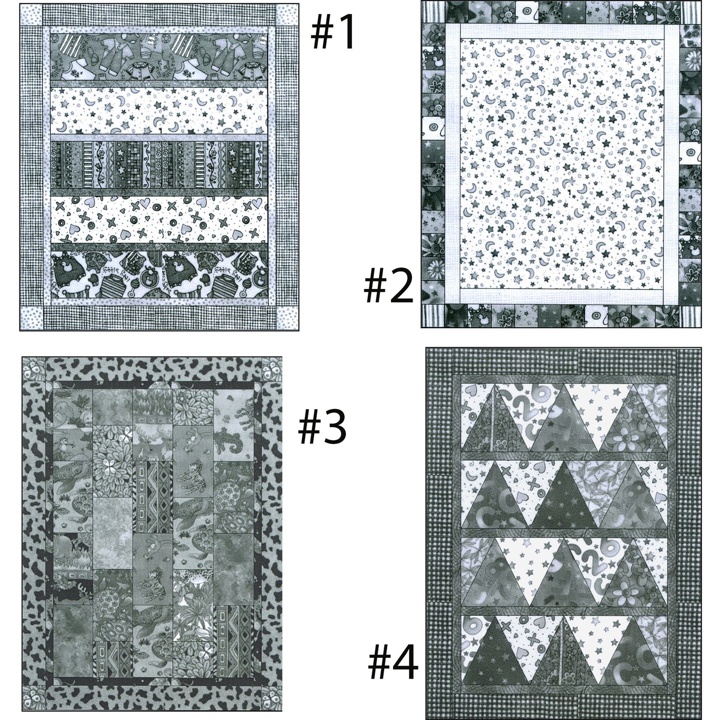 Four quilt layout for the Baby Loveys quilt pattern by Black Cat Creations.