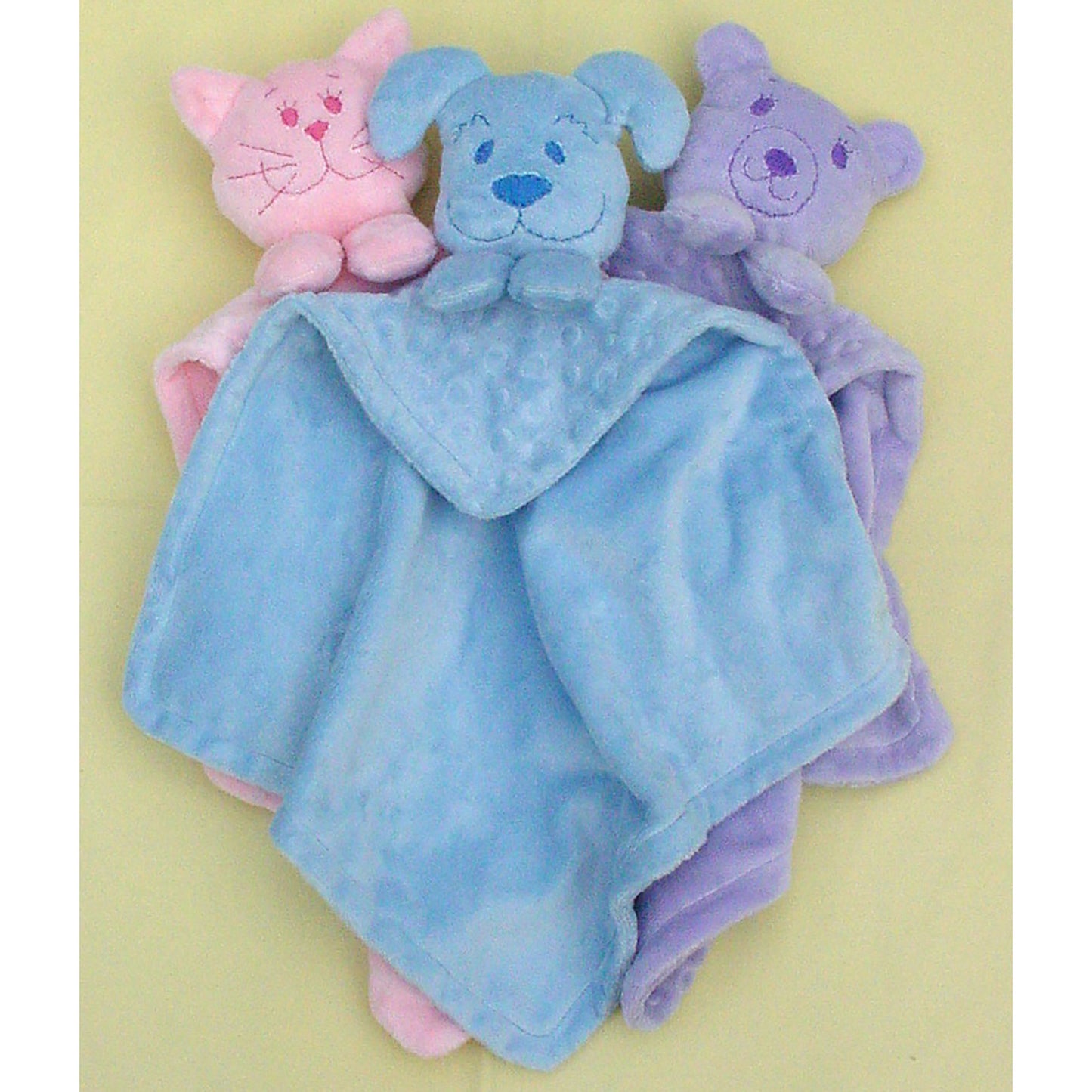 Three adorable blankie lovies - cat, dog and bear.