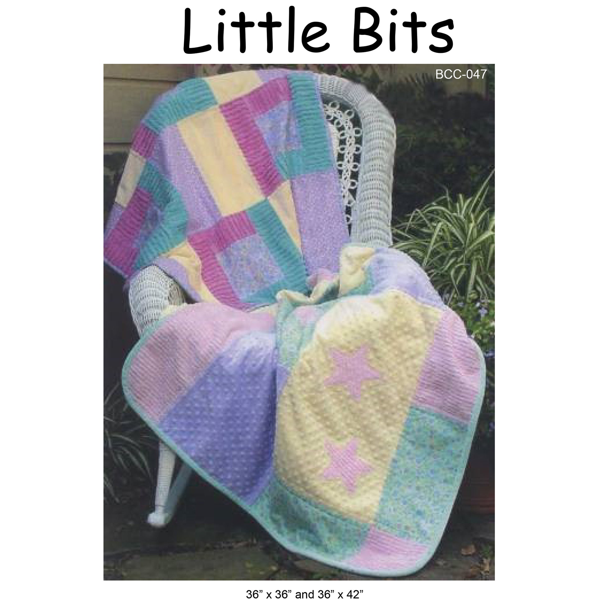 Cover image of pattern for Little Bits quilts.
Two baby quilts draped over a chair.  Top quilt features squares of bright colors.  Bottom quilt features pastel blocks with pink stars.