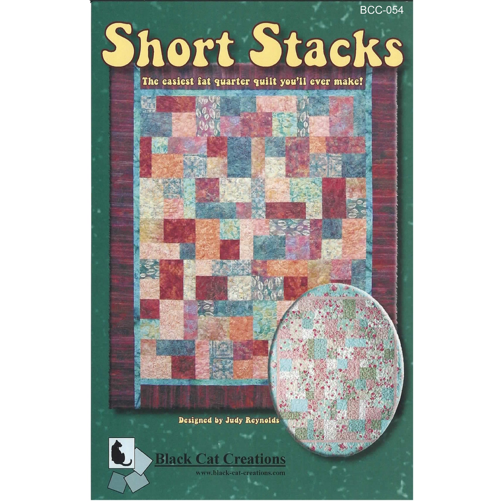 Cover image of pattern for Short Stacks quilt. It's a fun square and rectangle quilt with fun fabrics and colors. Main image is colorful with the oval at the bottom shows the same quilt in pastels.